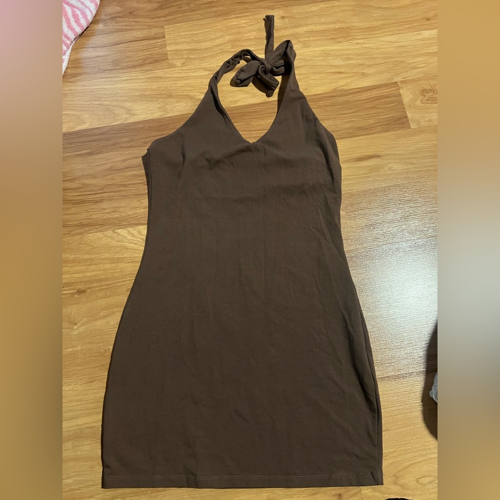 SO Brown Halter Tie-Neck Mini Dress
